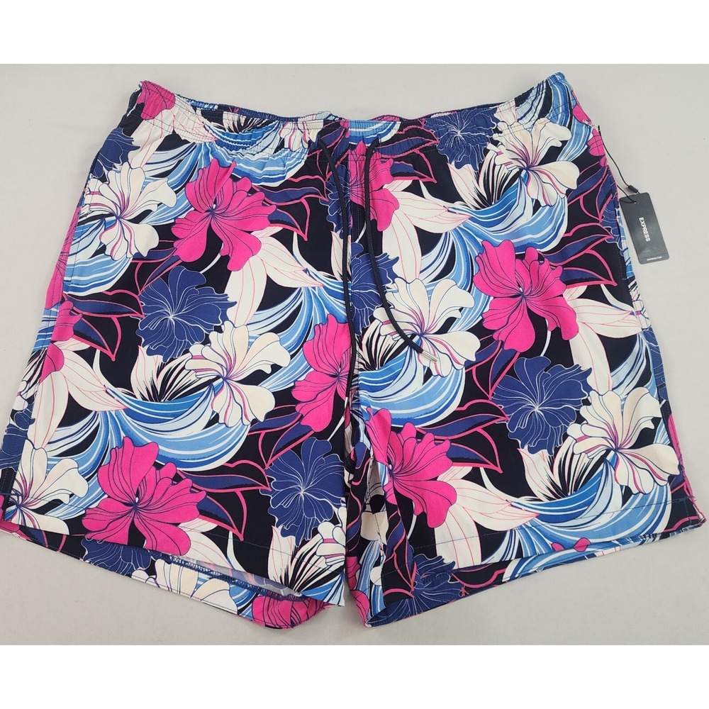 Express swimwear swim trunks shorts XL pink blue pocket floral $68 mens